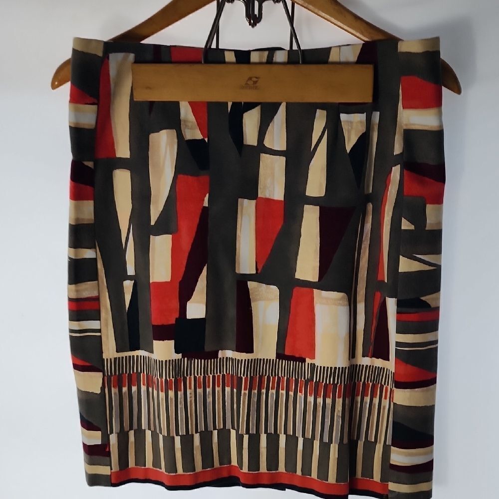 NIC & ZOE Size 6 Abstract Plum Olive Wood & Coral Cotton Skirt